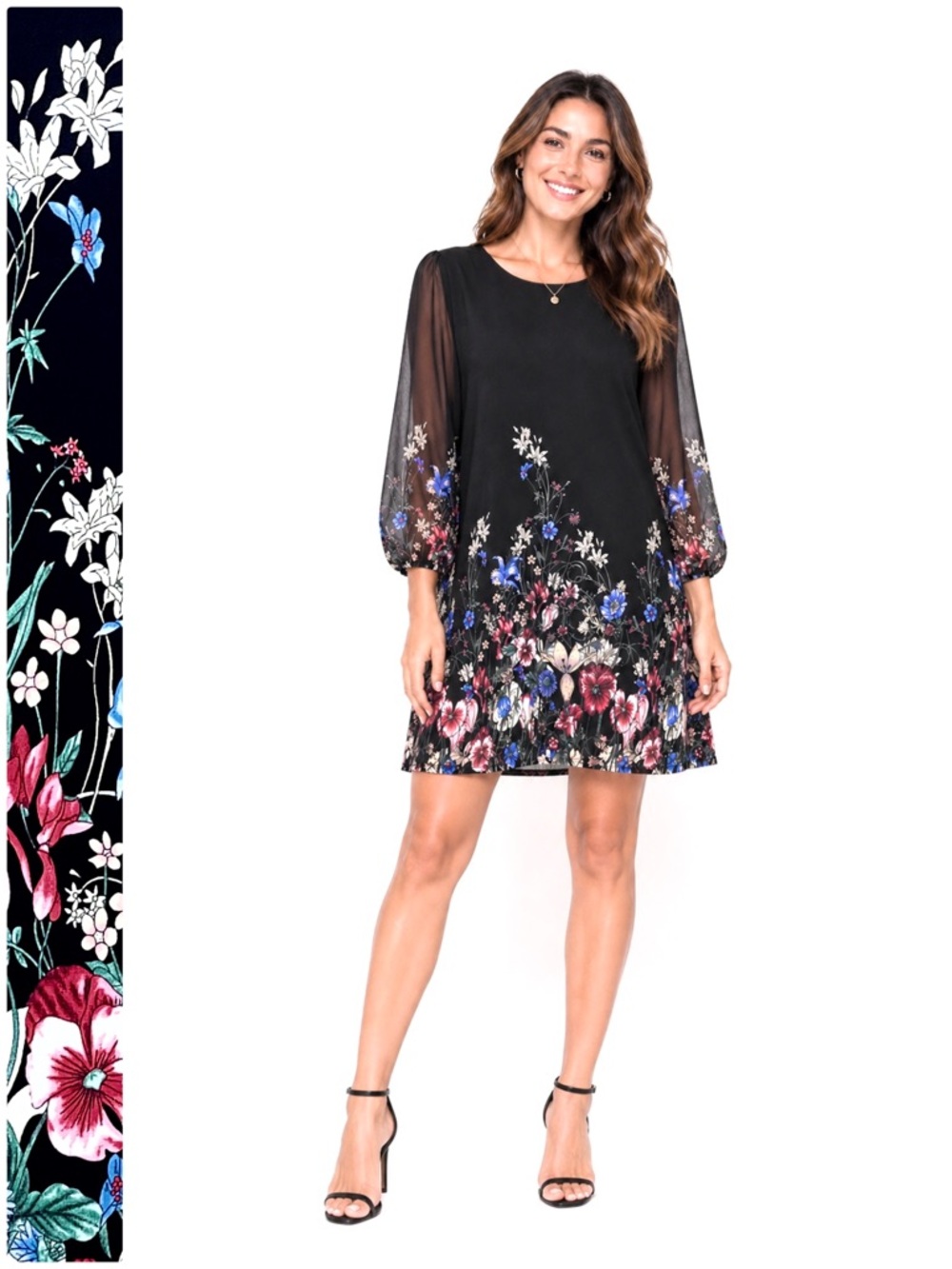 DJT Shift Chiffon Floral Dress 3/4 Sleeve Elastic Cuff Knee Length Lined Pull-On